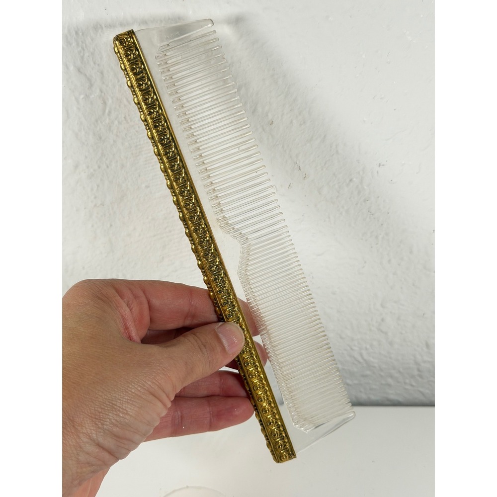 Vintage Ornate Gold Filigree Clear Plastic Hair Comb Hollywood Regency 8 Inch